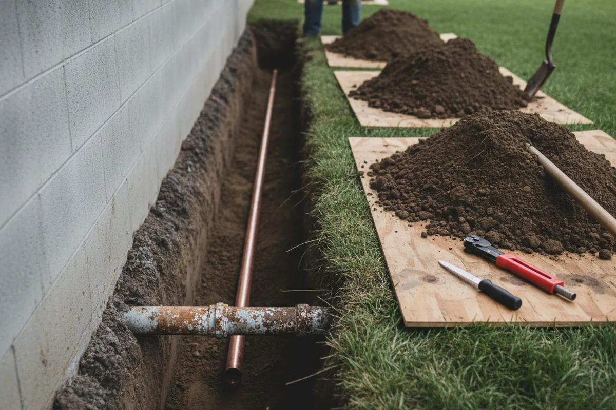 Excavated water line trench during Sewer Line Repair in Winterthur